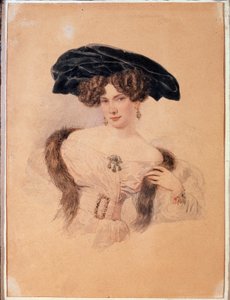 Portrét umělce Jevdokije Bakuniny (1793-1882) v černém baretu (Portrét umělce Jevdokije Bakuniny v černém baretu). Umělecké dílo Alexandra Pavloviče Briullova (Alexander Briullov) (1798-1877). Akvarel na papíře