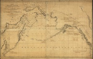 Obecná mapa pokrývající severní Tichý oceán, malou část Severního ledového oceánu severně od Beringova průlivu a přilehlé pobřežní oblasti ruského Dálného východu a Aljašky. Tištěná mapa nezobrazuje konkrétně identifikované objevy nebo cesty průzkumníků. R od Alexander Russia. Depo Kart; Wilbrecht