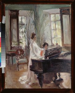 Dans le salon deception (V přijímací místnosti) - Dvě ženy tvoří hudbu, zpívají a hrají na klavír - Dílo Alexandra Valentinoviče Sredina (Sredine) (1872-1934), olej na kartonu - Ruské umění konce 19.-začátek 20. století, modernismus - Regionální Ar
