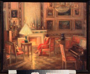 Interiér se ženou u krbu - dílo Alexandra Sredina (Sredine) (1872-1934), olej na kartonu