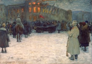 Oheň na litevském zámku, únorová revoluce 1917, Petrohrad - dílo Alexandra Ivanoviče Vakhramejeva (1874-1926), kvaš na papíře od Alexander Vakhrameyev