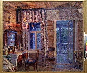 Interiér s ikonou lampy. Obraz Alexandra Viktoroviče Moravova (Alexander Victor) (1878-1951), olej na plátně