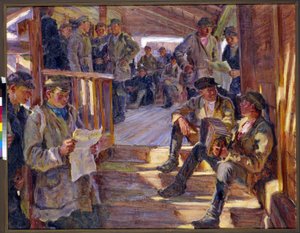 Scéna na vojenském stanovišti ruské armády, kde muži mluví, čtou, hrají na akordeon. (Na náborové stanici). Obraz Alexandra Viktoroviče Moravova (Alexander Victor) (1878-1951)