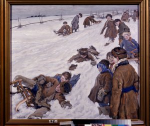 Zimní sporty (Winter Sports). Scéna sáňkování, v zasněženém poli, teple oblečené děti se baví a nahlas se smějí. Obraz Alexandra Viktoroviče (Alexander Victor) Moravova (1878-1951), olej na plátně
