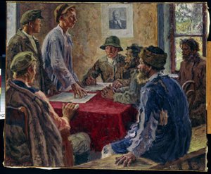 Schůze výboru chudých rolníků v roce 1918 (A zasedání výboru chudých rolníků v roce 1918). Obraz Alexandra Viktoroviče Moravova (Alexander Victor) (1878-1951), olej na plátně