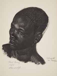 Ialingede, plemeno Mandja. (Fort Lamy), z Kresby a malby Afriky, popravený během expedice Citroen Centre Afrique, druhá mise Haardt Audouin-Dubreuil, hospoda. Paříž, 1927 (barevně lit