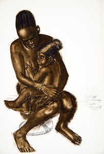 Nafarangui, manželka Ekiho Bonda se svým dítětem (Bondo) Haut Ouelle z Kresby a malby Afriky, popravené během expedice Citroen Center Afrique, druhé mise Haardt Audouin-Dubreuil,