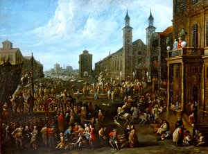 Trhová scéna s pouličními umělci a dalšími postavami (olej na plátně) od Alexander van Bredael