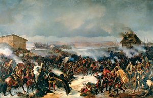 Bitva u Narvy, 19. listopadu 1700. Epizoda Velké severní války (1700-1721) mezi Švédskem a všemi pobaltskými zeměmi, Dánskem, Polskem a Ruskem. Obraz Alexandra (Alexandra) von Kotzebue (1815-1889), olej na plátně
