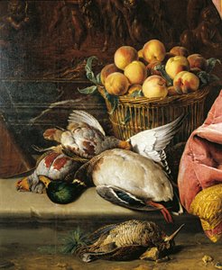 Zátiší se zvěří, ovocem a violou lásky (viola lásky), Alexandre-Francois Desportes (1661-1743). Detail.