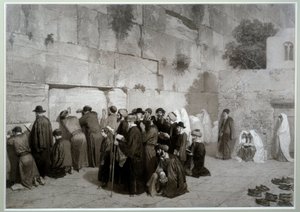 Judaismus: „“Šalamounova zeď“““ Muži a ženy židovského náboženství se modlí před Zdí nářků. Před 1857. Kresba Alexandre Bida (1823-1895), lavír, pero a tužka na papíře, Rozm. 0,61x0,87 m Malmaison, muzeum hradu