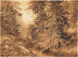 Starověký borový les s horským potokem od Alexandre Calame