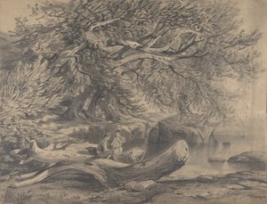 Dva muži odpočívající u jezera recto..., počátek až polovina 19. století. od Alexandre Calame