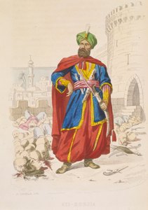 Alí Chodža, vládce Alžíru v letech 1816-1818, v zeleném turbanu a s krásným mečem, obklopen useknutými hlavami poražených nepřátel po bombardování v roce 1816, polovina 19. století (kolorovaná rytina)