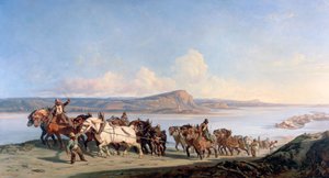 Příloha koní táhnoucích lodě po Rhoně, c1825-1870 od Alexandre Dubuisson