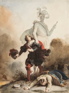 Don Juan et Leporello rencontrent la statue du Commandeur au cimetière (grafit, pero a hnědý inkoust s akvarelem na papíře, zvýrazněný arabskou gumou) od Alexandre Evariste Fragonard