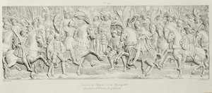 Setkání Františka I. a Jindřicha VIII. na poli Zlatého plátna podle vytesaného kamenného reliéfu v Hotel de Bourgtheroulde, Rouen, Normandie, 1501-37, vyryl Godefroy Engelmann (1788-183 od Alexandre Evariste Fragonard