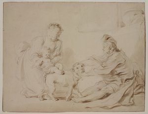 První jezdecká lekce (La première leçon déquitation), kolem roku 1778 (grafit a hnědá barva na starožitném pokládaném papíře) od Alexandre Evariste Fragonard