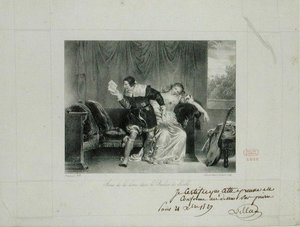Dopisová scéna z opery Lazebník sevillský od Rossiniho rytina Villaina de Sevres od Alexandre Evariste Fragonard