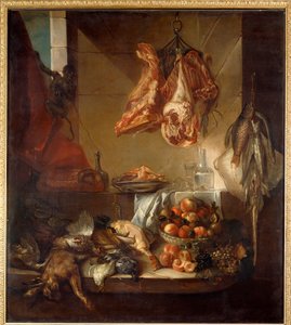 Interiér kuchyně zátiší ze zvěřiny, ovoce a masa. Obraz Francoise Desportese (1661-1743) Chalons sur Marne z 18. století, Musee des Beaux Arts