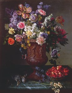 Květiny ve vyřezávané urně s miskou lesních jahod a zajícem na římse, 1715 od Alexandre Francois Desportes
