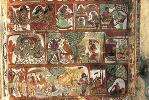 Fresky zobrazující život Šivy ve svatyni pro Parvati, chrám Nataraya, Chidambaram, Tamil Nadu, Indie, 5. století od Nicolas Toussaint Charlet