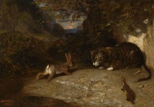Kočka, lasička a králík, 1836 od Alexandre Gabriel Decamps