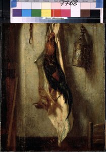 ""zátiší kohouta a zajíce, zavěšené na háku a lucerna"" Malba Alexandra-Gabriela Decampse (Alexandre Gabriel) (1803-1860) 19. století Rozměr 28x24 cm Muzeum Ermitáže, Petrohrad (Saint-Petersburg) od Alexandre Gabriel Decamps