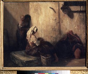 ""Pouliční scéna v Itálii"" (italská pouliční scéna) Stíny tří žen, některých matek a pravděpodobně prodejců na trhu, v temné uličce. V centru žena pravděpodobně odvšivující dítě (odvšivující se). Obraz Alexandre Gabriel Decamp od Alexandre Gabriel Decamps