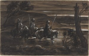 Tři arabští jezdci překračující řeku od Alexandre Gabriel Decamps