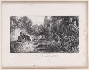 Wolf Hunt: Wounded Animal Attacked by Dogs, ze série Hunting Scenes, 1829. od Alexandre Gabriel Decamps