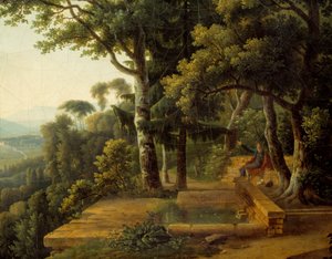 Filosof Jean Jacques Rousseau (1712-1778) meditující v roce 1770 v Parc de la Rochecordon poblíž Lyonu Detail. Obraz Alexandre Hyacinthe Dunouy (1757-1841)