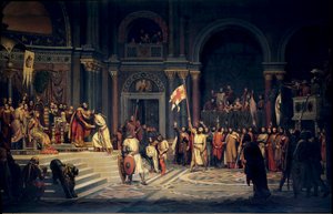 První křížová výprava: „“ Godefroy (Godefroi) z Bouillonu (1061-1100), vévoda z Dolního Lotrinska, jednající oddanost byzantskému císaři Alexisi Comneneovi, v Konstantinopoli