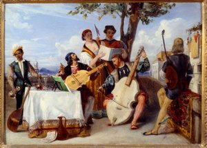 Benátské koncertní hudebníky (violoncello, loutna, housle) a zpěváky na terase obsluhuje černý sluha. Obraz Alexandre Hesse (1806-1879) 19. století Nantes, Muzeum výtvarných umění