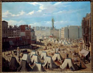 Vojskový tábor na Boulevard du Temple během dnů června 1848. Pohled na Paříž během revoluce v roce 1848. Obraz Alexandra Josquina (19. století). Olej na plátně. Rozměr: 0,64 x 0,81 m. Paříž, Musee Carnavalet - Tábořiště vojáků na Boulevardu od Alexandre Josquin
