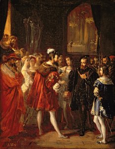 Karel V. (1500-58) přijat Františkem I. (1494-1547) v Louvru, kolem roku 1843 od Alexandre Marie Colin