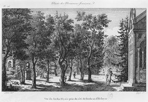 Musee des Monuments Francais, Paříž, pohled na Jardin Elysee z hrobky Heloise a Abelarda, rytý Laurent Guyot (1756-1806)