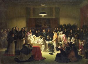 Poslední chvíle Karla-Ferdinanda Francouzského (1778-1820) ve správním sále pařížské opery, 14. února 1820, asi 1828 od Alexandre Menjaud