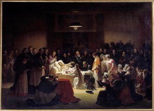 Poslední chvíle vévody z Berry (1778 - 1820) v pařížské opeře obklopeného Ludvíkem XVIII. a královskou rodinou. Obraz Alexandra Menjauda (1773 - 1832) od Alexandre Menjaud