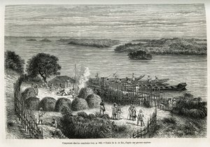 Tábor opevňuje výpravu, aby se ochránila před kanibaly Mouana Ntaba, poblíž řeky Leopold (Kongo), kresba A. De Bar, pro ilustraci příběhu „Napříč tajemným kontinentem“, plavba uskutečněná v letech 1874-1877 od Sira HM Stanley. Rytina