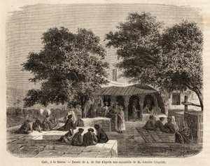 Pohled na kavárnu v La Marsa (Tunis), kresba A.de Bar, pro ilustraci výletu do Tunisu, v roce 1859, od Amable Crapelet. Rytina v „“Le tour du monde““, editoval Edouard Charton