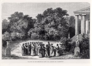 Platón (asi 427-asi 348 př. n. l.) a jeho učedníci v zahradě Akademie, z „La Vie des Savants Illustres“ od Louise Figuiera, vyryto Laplantem, kolem roku 1870 od Alexandre de Bar