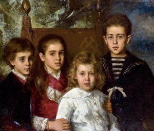 Portrét dětí Paula Pavloviče Demidoffa, 2. prince ze San Donato (1839-1885), Aurore Anatol, Marie a Pavla - Peinture de Alexei Alexeyevich Harlamov (1840-1922) - 1883 - Olej na plátně - 76,5x90 - Soukromá sbírka od Alexei Alexevich Harlamoff