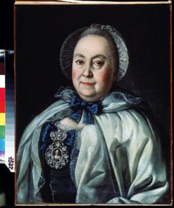 Portrét čekající dámy, hraběnky Marie A. Rumjancevové (1698-1788) (Portrét čekající hraběnky Marie A. Rumjancevové). Obraz Alexeje Petroviče Antropova (1698-1788). Olej na plátně 62,5 x 48 cm