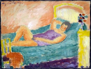Dívka si lehne. (Ležící dívka). Dílo Alexeje von Javlenského (Alexi von Jawlensky, Alexej von Javlenski) (1864-1941). olej na kartonu od Alexej von Jawlensky
