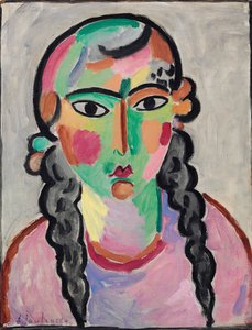 La fille pale aux tresses grises - Bledá dívka s šedými copánky od Alexeje von Jawlensky (Jawlensky) (1864-1941). Olej na papíře, c. 1916. Rozměr : 63,5x49,5 cm. Soukromá sbírka od Alexej von Jawlensky