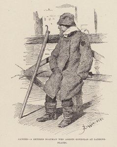 Ganzer, vysloužilý lodník, který pomáhá gondolám při přistávání (rytina) od Alezzandro Zezzos