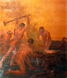 Kovárna, levý panel triptychu Železničáři od Alfonso Quarantelli