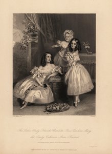 Portrét Emily Blanche Charlotte, Rose Caroline a Emily Catherine Anne Somersetové, dcer Henryho Somerseta, 7. vévody z Beaufortu. Tři mladé sestry s prsteny v saténových šatech se stuhami a krajkou, baletní boty. Ocelorytina J. Thomson a