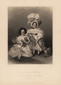 Vikomt Gray de Wilton a Elizabeth Gray Egerton, děti Thomase Egertona, 2. hraběte z Wiltonu. Dcera v prstýncích a nabíraných šatech drží panenku a syn v šatech a péřové čepici drží stuhu uvázanou na hračkářském koni. Ocelorytina od Henryho